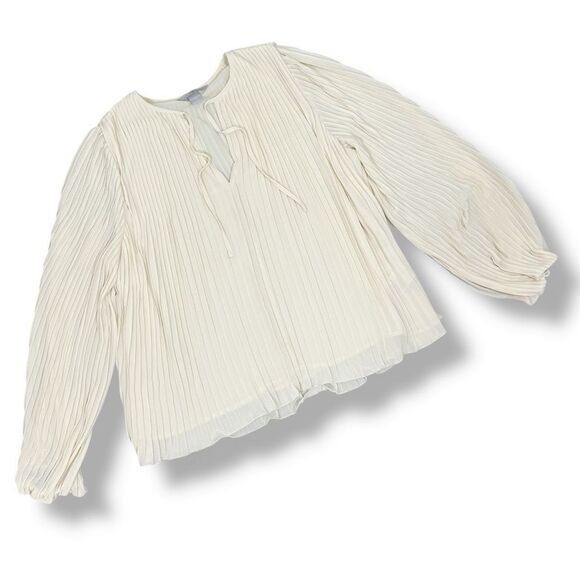 H&M Pleated Billow Sleeve Chiffon Tie Neck Swing Blouse Cream Medium - Picture 14 of 14